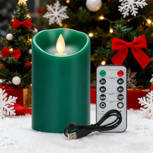 Koelaa Wiederaufladbare LED Kerzen, Grün Flammenlose Kerzen, Aufladbare Echtwachskerzen, LED Flammenlose Kerzen Flackern mit Fernbedienung und Timer, LED Kerzen für Party, Weihnachten-7.5 * 12.5cm