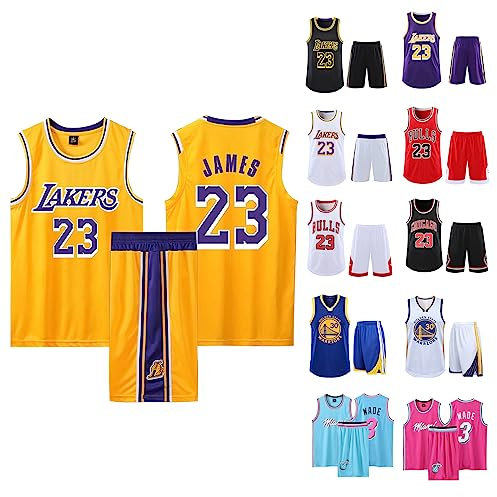 ABRTJCL Basketball Trikot Shirt und Shorts Kinder/Erwachsene 2023/2024, 2-Teiliges Basketball ärmellose Anzug Kinder/Erwachsene, Basketball T-Shirt Weste + Shorts Kinder/Erwachsene Gelb XL