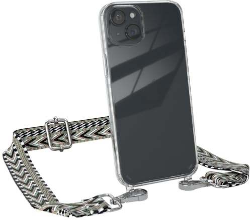 EAZY CASE Handykette - Verstellbares Taschenband kompatibel mit iPhone 15 Plus, Schulterriemen, Handykordel mit Silikon Hülle, Umhängetasche, Grün Schwarz Silber