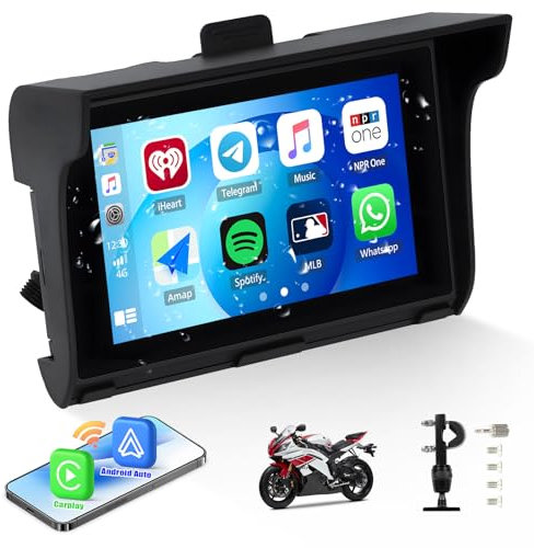 CAMECHO Pantalla Portátil para Motocicleta de 5 Pulgadas con Carplay Inalámbrico Android Auto, Carplay Moto con Bluetooth Dual Mirror Link Altavoz Incorporado TF/AUX/USB/EQ para Motocicletas