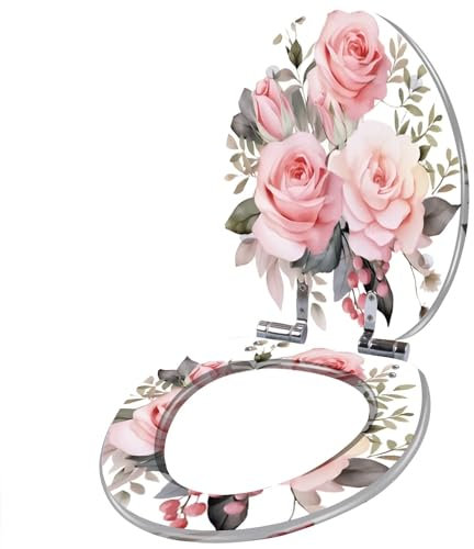 Resin Elongated Toilet Seat with Cover Quiet Close Quick Release Hinges Watercolor Romantic Pink Rose Flowers Arrangement Clipart Illustration Decorative Toilet Seat Easy to Clean Install Home Decor