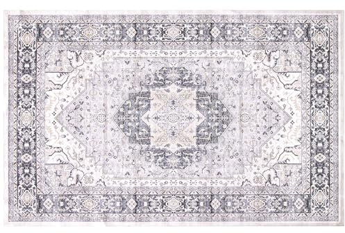 Carvapet Waschbar Läufer Teppich 150x210cm rutschfest Lang Dünner Teppiche Gegend Vintage Medaillon Grau Teppich für Wohnzimmer Schlafzimmer Küche