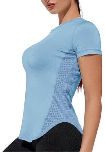 Weardear Sport T-Shirt Damen Rundhalsausschnitt Workout Tops Kurzarm Atmungsaktive Mesh Seiten Laufen Yoga Top S-XXL