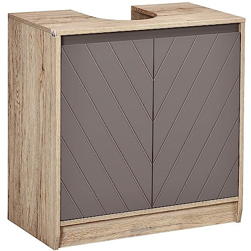 HOMCOM Mueble para Debajo del Lavabo Armario de Baño de Suelo con Puerta Doble y Estante Ajustable Carga 50 kg 60x30x59,8 cm Roble y Gris