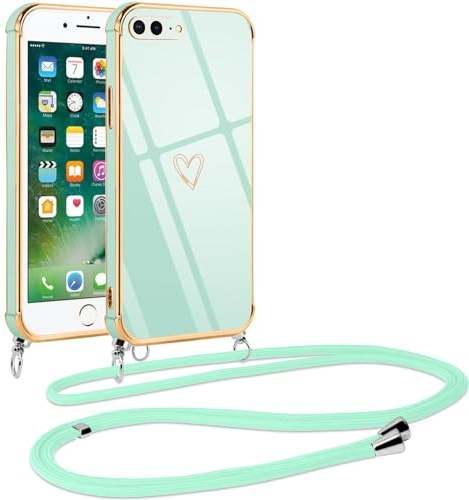 Vauki handyband für iPhone 8 Plus/iPhone 7 Plus Hülle mit Band, Handyhülle mit Kette, Herz Motiv, Ultra Dünn Stoßfeste Aesthetic Case mit Kordel zum Umhängen für iPhone 8 Plus 5.5 Zoll, Grün
