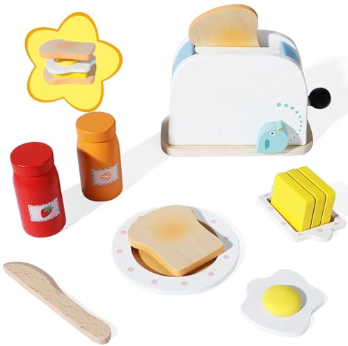 AIVORO 12 Stück Toaster Kinderküche Set, Pop-up Kinder Toaster, Kinderküche Spielküche Zubehör Holz. mit Marmeladenglas, Butter, Holzmesser kinder, Pochierte Eier, Brot, Teller