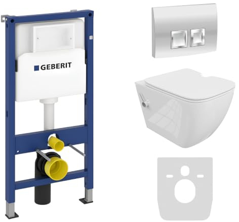 Lavita Duofix Basic Vorwandelement + Wand Tiefspül WC Parana Weiß Spülrandlos + WC Sitz + Bedienplatte Delta 25 Verchromt Knopf Komplettset Unterputz Spülkasten Toilette Komplett Sett WC