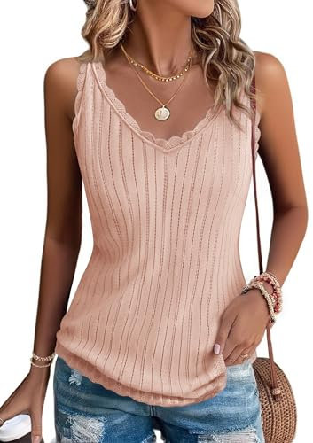 Gyabnw Maglietta Canotta da Donna Elegante T-Shirt Senza Maniche Lavorata Canottiera a Maglia con Scollo a V Camicetta Tank Top Moda Casual in Tinta Unita Rosa,XS