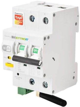Interruptor magnetotérmico inteligente WiFi, 2P, 63 A, 230 V, 30 mA, 6000 A, aplicación TUYA, ocupa 3 módulos DIN, antena WiFi incluida