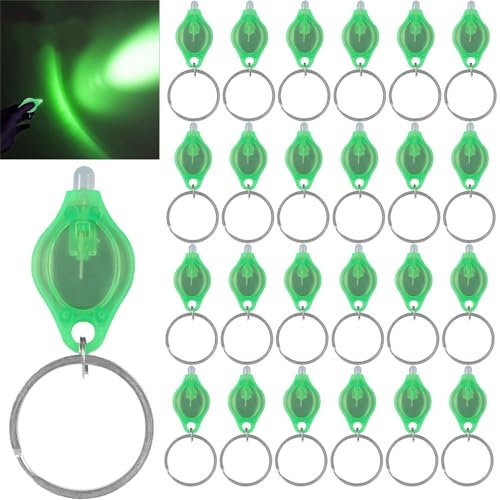 MODOAO Mini linterna LED con llavero, paquete de 24 unidades, portátil, ultrabrillante, funciona con pilas, linterna de luz verde con llavero, para acampar al aire libre, senderismo e iluminación de