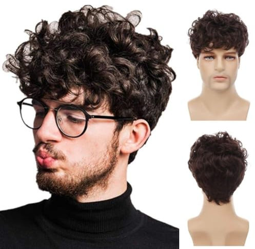 Siudus Herren kurze lockige braune Perücke mit Bangs Natürlich aussehende flauschige Haar Perücken Hitzebeständige Faser Tägliche Perücke