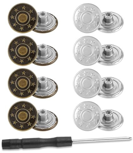 Amabro 8 Stück Jeansknöpfe Zum Einschlagen,20mm Knöpfe Ohne Nähen,Hosenknöpfe Zum Enger Machen Jeansknopf Hosenknopf Jeans Knopf Knopfnadeln Verstellbare Metallknöpfe Mit Schraubendreher für Jeans