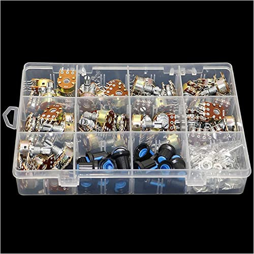 BYCIFRLG Potentiometer 45 Stück Wh148 Dual Gang Stereo 6-Pin-Potentiometer-Kit 1k 5k 10k 20k 50k 100k 250k 500k 1M mit Knöpfen Single Shaft Nuts + Box