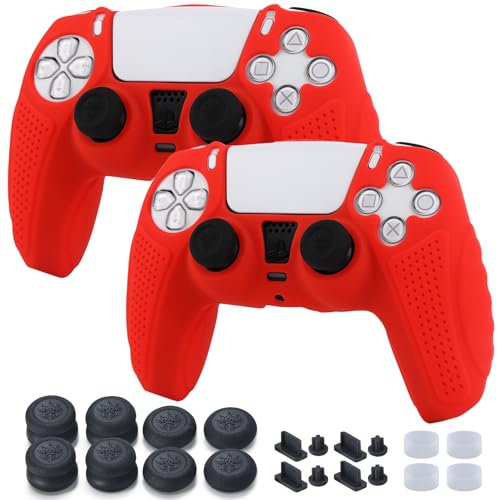 YoRHa Grips - Funda protectora para mando de PS5, 2 unidades, color rojo con empuñaduras para el pulgar, 8 tapones, 4 protectores anólogos