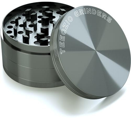 Grinder Pollen Crusher Ø 75 mm aus Zink - 4-Teilig - für Spice, Kräuter, Gewürze, Herb, Kaffee Diamantförmige Zähne mit Pollen Scraper und Pinsel (Grau)