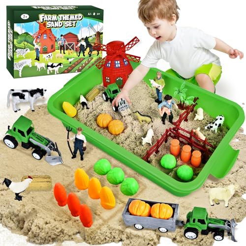 JONRRYIN Bauernhof Spielsand Sandspielzeug, Spielsand für Kinder, Sensorisch Sandspielzeug mit 10 Dinosauriermodellen, 6 Tier, Bauernhof Spielzeug für Jungen Mädchen 3 4 5 6 7 8 Jahre