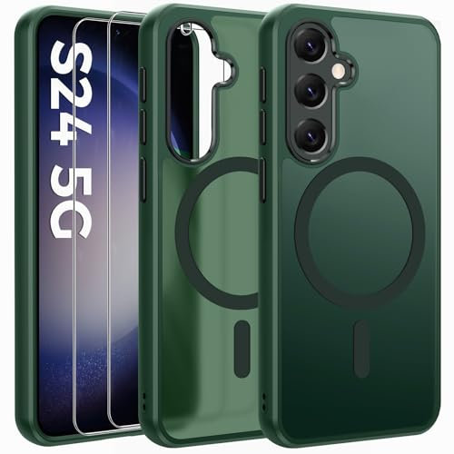 FLLAO Magnetisch HandyHülle Kompatibel mit Samsung Galaxy S24 5G Kompatibel mit MagSafe mit 2 Schutzfolie,Vollständiger Kameraschutz, Stoßfest Dünn Durchscheinende Matt SchutzHülle Case (Grün)