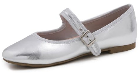 Feversole Women's Soft Breathable Mary Jane Memory Foam Cushioned Comfort Round Toe Metal Buckle Flats Walking Shoes Silver Napa Size UK 4
