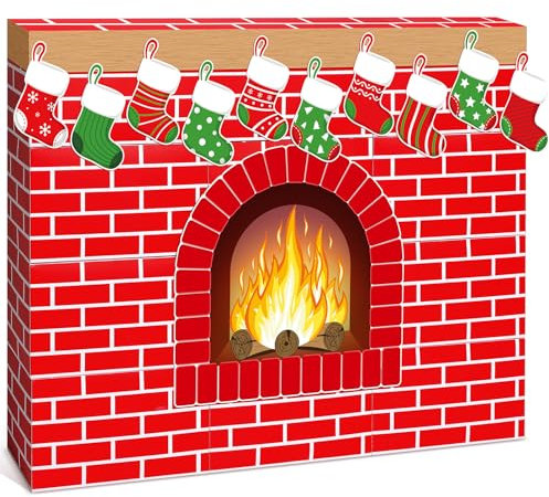 Fullhawl 46 Stück 3D künstlicher roter Ziegelstein-Kamin aus Karton, 99 x 89 cm, DIY-Weihnachtskamin mit Strumpf, Feuer, Flamme, Holzmaserung, Ausschnitte, künstlicher Kamin-Hintergrund für