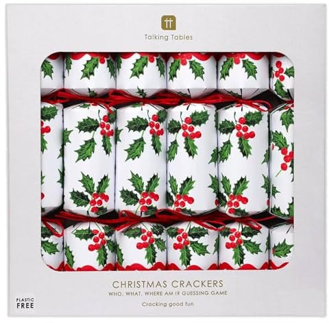 Talking Tables 6 x Holly Christmas Crackers with Christmas Table Decorations – Eco-Friendly Game, Party Hat, Novelty Glasses, Recyclable, Xmas Tableware, PLASTIC FREE
