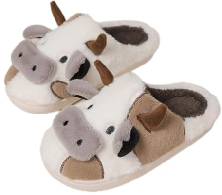 MIXSEN Kuh Hausschuhe Damen Herren Cow Slippers Plüsch Pantoffeln Tiere Cartoon Hauspantoffeln Winter Weiche Warme rutschfeste Indoor(Kaffee,40-41EU)