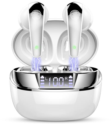 Cuffie Bluetooth, Auricolari Bluetooth 5.3, Cuffie Wireless in-ear Stereo HiFi con HD Mics, 35H Cuffiette Bluetooth Sport IP7 Impermeabile, cuffie Senza Fili LED Display, Earbuds Touch Control Bianco