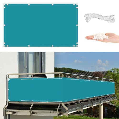 Mampara de jardín para exteriores, 150 x 350 cm, resistente a la intemperie, con 96% de protección, ideal para balcones, porches y piscinas pequeñas, color azul claro