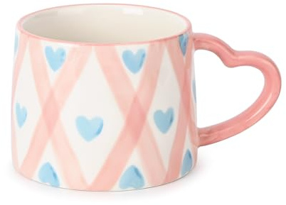 Denovin Ceramic Coffee Mugs, Valentine's Day Heart Shaped Handle Espresso Cups Cute Mug for Women, 8.5 oz/250 ml Creative Pink Tea Cappuccino Cup for Latte Tea Milk (Pink Blue Heart)