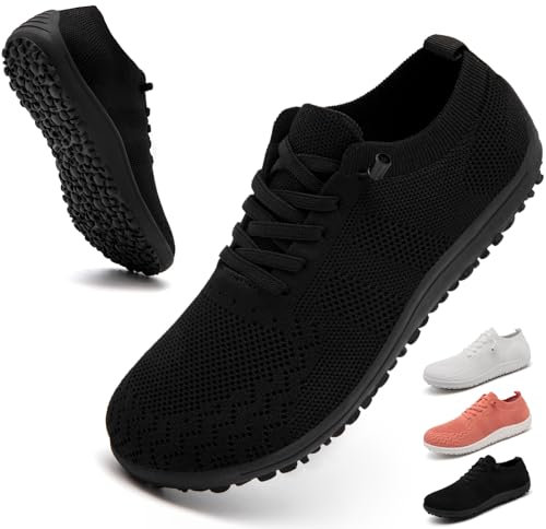 IEBPEH Barfußschuhe Damen Barfuss Schuhe Laufschuhe Turnschuhe Sneaker Sportschuhe Slip On Breite Zehenbox Atmungsaktiv Leichte Straßenlaufschuhe schwarz 39