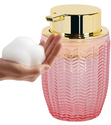 Tonxus Foam Soap Dispenser, Pink Glass Foaming Soap Dispenser, 10 Oz Refillable Hand Soap Dispenser Liquid Lotion Pump Container Ribbed Bottle for Bathroom Countertop Decor