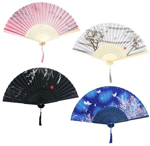 Lot de 4 Éventails Pliants, Éventail Japonais en Soie, Ventilateur à Main Pliable en Bambou, Eventails Pliants Soie et Bambou avec Pompon, pour les mariages, les décorations murales
