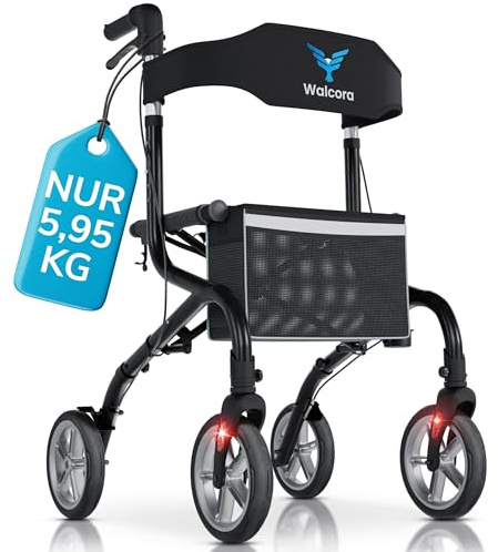 SuperLight Rollator – ultraleicht (5,95 kg) – Faltbar und leicht mit Sitz – ideal für Alltag & Reise – Gehhilfe für Senioren – Klappbar, Stockhalter, Walker, Rollatoren – Schwarz