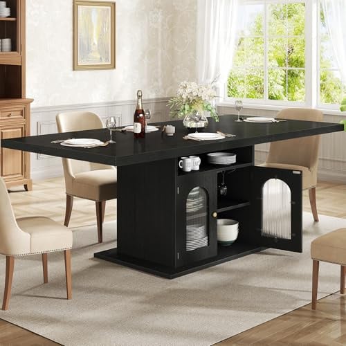 HSH Dining Table Kitchen Dinner Room Tables with storage 160cm Black | Modern Kitchen Dining Room Table with 3-Tier Storage Shelf and Cabinet, Rectangular Wooden Dinner Tables for Home Living Room