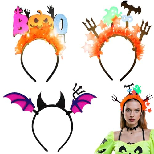 svpfuo 3 Pièces Serre-Tête D'halloween, Bandeau Lumineux, Diadème Décoratif Fluorescent, Chauve-Souris, Citrouille et Fantôme, Adaptés Comme Accessoires pour Halloween et les Bals Masqués