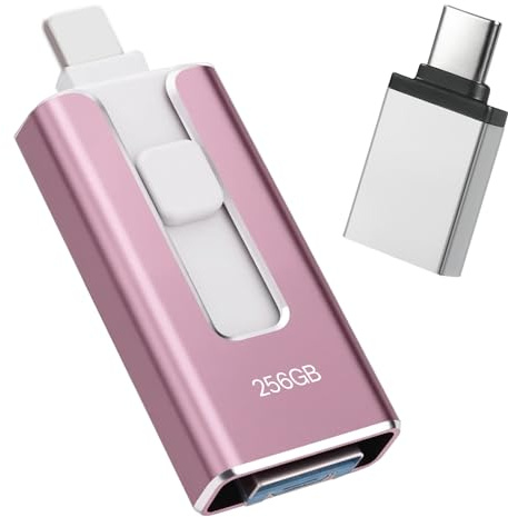 USB Stick 256GB for iPhone, [MFi-certified] 4-in-1 Flash Drive for iphone, Photo Stick for iPhone/iPad/Android/PC, Without App USB 3.0 High-Speed Lightnning Memory Stick Transfer Photos Videos, Pink