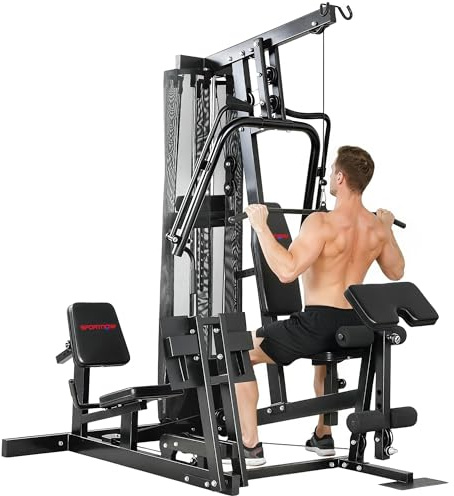 SPORTNOW Kraftstation mit Latzug Butterflystange 65kg Gewichten Seil | Fitnessstation, Beinpresse, Multifunktion Krafttraining, bis zu 120kg Belastbar, Trainingsstation für Zuhause