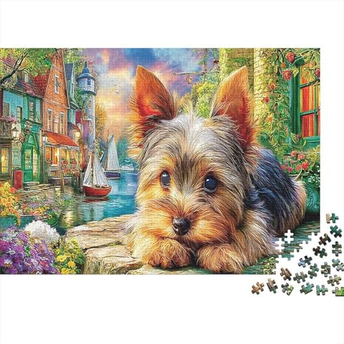 Yorkie in Village 1000 Pieces Jigsaw Brainteasing Jigsaw Recycled Cardboard Yorkshire Terrier Stress Relief for Adults & Families 70x50cm/1000pcs