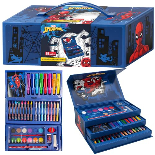 Marvel Spiderman Deluxe Malset für Kinder | 52-teiliges Kreativset mit Filzstiften, Wachsmalstiften, Buntstiften & mehr | Tragbarer Malkoffer | Geschenk für Jungen & Mädchen