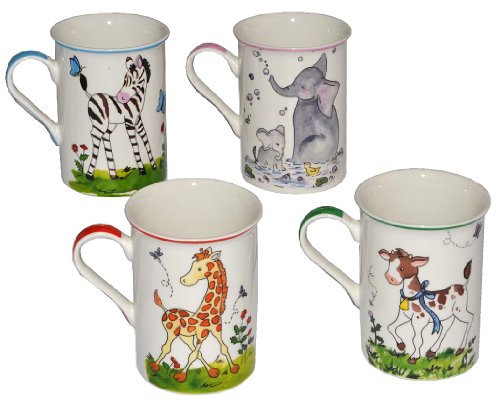 alles-meine.de GmbH 2 STK. Henkeltassen mit Tieren Giraffe/Elefant/Zebra/Kuh groß - Keramik Trinktasse mit Henkel Tasse Becher Porzellantasse Tiere Tassen