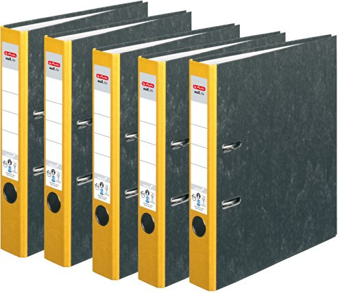 HERLITZ Ordner maX.file nature A4 Wolkenmarmorbezug selbstklebendes Rückenschild | 5er Sparpack in diversen Farben zur Auswahl (5cm schmal | 5er Pack, gelb)