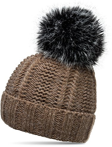 Caspar MU162 Damen gefütterte Mütze Strickmütze mit XL Kunstfell Bommel, Farbe:braun, Größe:One Size