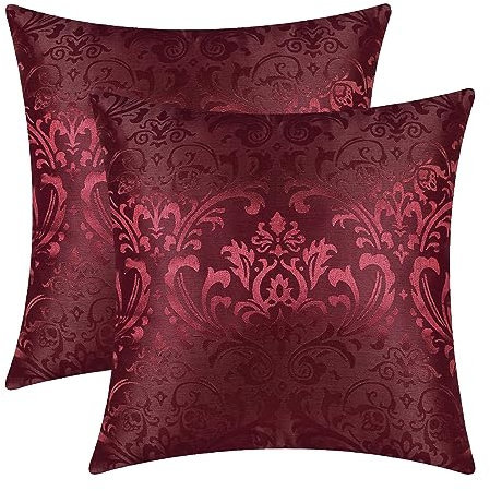 CaliTime Kissenbezüge, 2 Stück, Vintage-Damast, floral, glänzend und kontrastierend, 45 cm x 45 cm, Burgunderrot