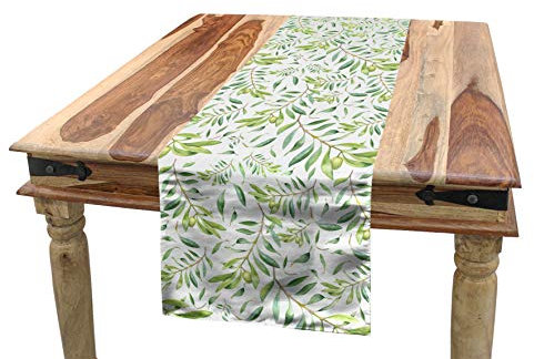 ABAKUHAUS Grünes Blatt Tischläufer, Olivenbaum, Esszimmer Küche Rechteckiger Dekorativer Tischläufer, 40 x 225 cm, Avocadogrün Olivengrün Weiß