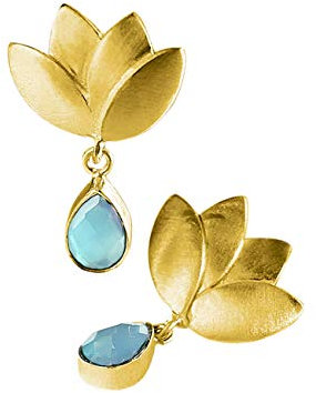 Lotusblume 18 Karat Gold mit Naturstein Aqua Chalcedon - Design-Ohrringe in Gold- und Himmelblau/Seeblau für Damen