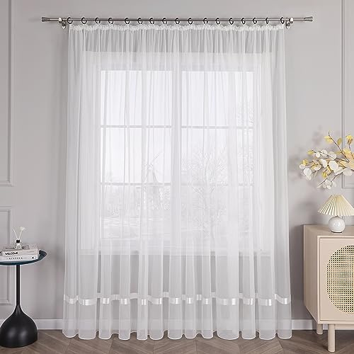 HongYa Gardine Transparent aus Voile mit Kräuselband und Satinband | Weiß, H/B 100/300 cm, einteilig, lichtdurchlässig, pflegeleicht, weich fallend, für Wohnzimmer und Schlafzimmer