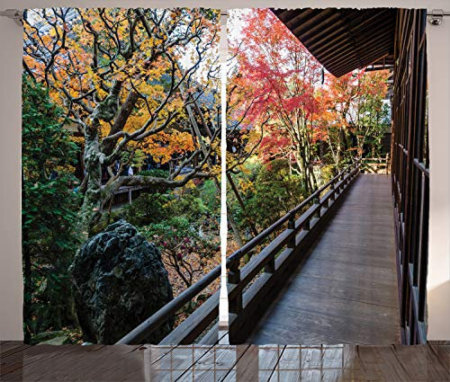 ABAKUHAUS japanisch Rustikaler Vorhang, Holz Balkon Aussicht, Wohnzimmer Universalband Gardinen mit Schlaufen und Haken, 280 x 175 cm, Grün Braun