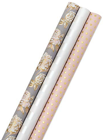 Hallmark Geschenkpapierrollen Hochzeit - Gold Herzen, Rose Blumen, Weiß Streifen Geschenkpapier (Set mit 3 Rollen:85 sq.ftttl) für Brautdusche, Geburtstage, Hochzeiten, Muttertag, Valentinstag