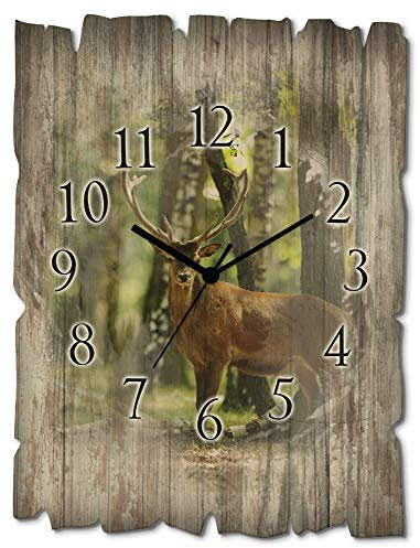 ARTLAND Wanddeko Wanduhr ohne Tickgeräusche aus Holz Funk Uhr 30x40 cm Rechteckig Lautlos Natur Tiere Hirsch Wald Landschaft Originell Nordisch T5YP