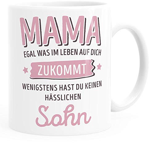 MoonWorks® Geschenk Tasse anpassen egal was im Leben auf dich zukommt wenigstens hast du keine hässlichen Kinder Kaffee-Becher Weiss Keramik-Tasse