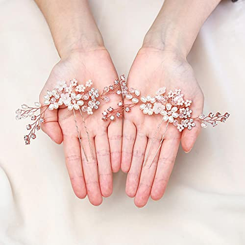 Fairvir Brautschmuck Hochzeit Haarnadeln Blume Silber Strass Braut Perle Blatt Haarnadel Kristall Haarschmuck für Frauen und Mädchen (Rose Gold)